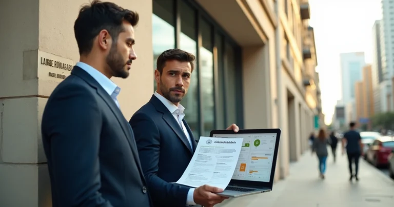 Certidão Trabalhista: Guia Completo para Imobiliárias e Advogados Advogado analisando certidão trabalhista com tribunal ao fundo