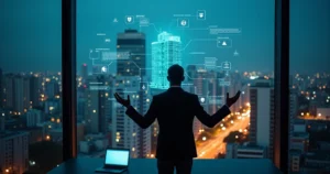 Profissional observa projeção de dados e riscos sobre edifício em ambiente urbano noturno