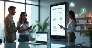 Atendente de cartório online auxiliando usuário em balcão digital