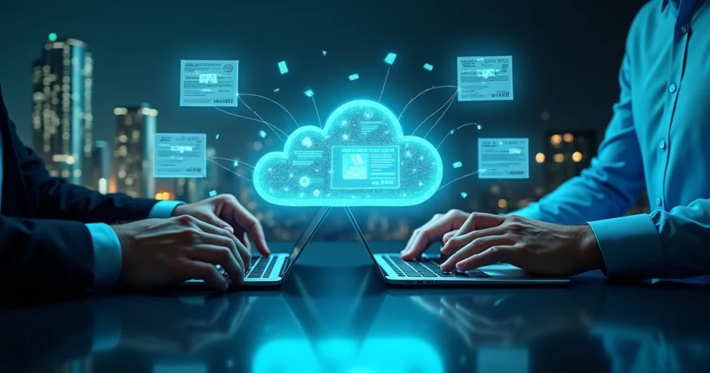 Certidões digitais flutuando conectadas em nuvem segura