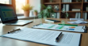 Mesa de escritório com contrato imobiliário, certidão FGTS e grafismos digitais de análise jurídica