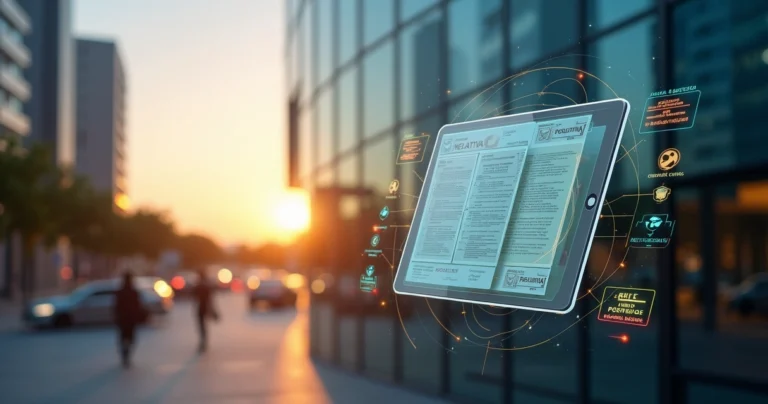 Certidão Negativa de Débitos: Guia para Imobiliárias e Advogados Certidões digitais flutuando diante de prédio comercial moderno