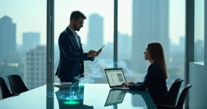Advogada e corretor consultando certidões digitais em notebook e tablet
