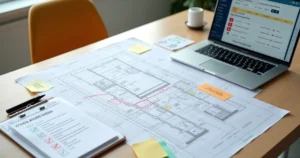 Mesa com planta de imóvel, certidões destacadas em vermelho e checklist de erros de análise