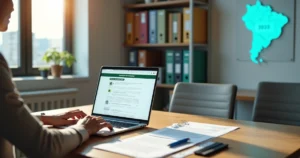 Profissional consulta certidão negativa estadual em mesa com documentos e notebook
