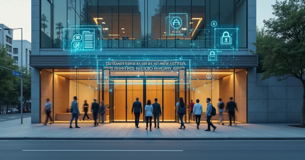 Fachada de cartório de registro de imóveis conectada a interface digital moderna