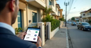 Corretor mostrando no tablet os débitos de IPTU diante de uma casa urbana