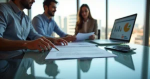 Casal analisa contrato de financiamento imobiliário com corretora em mesa de vidro