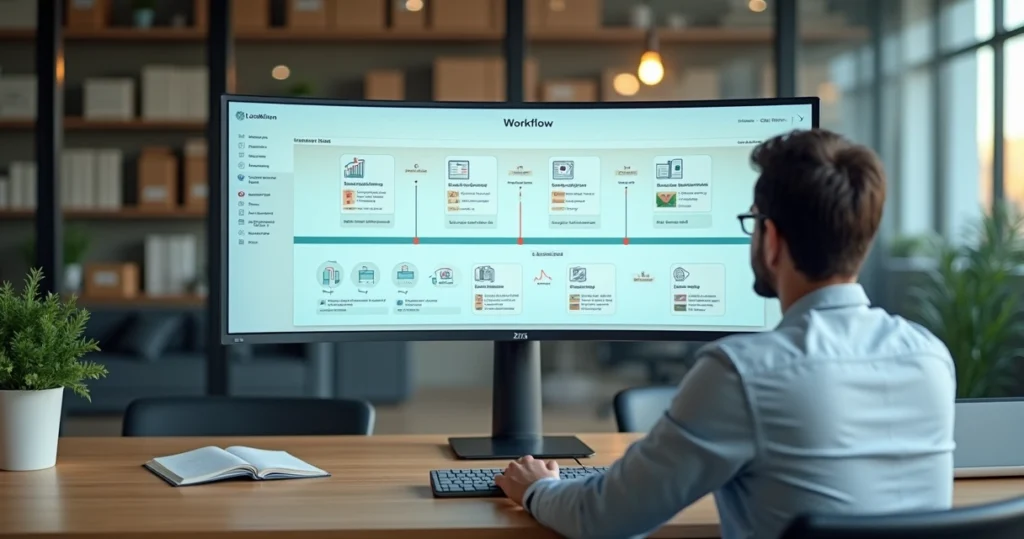 Gestora organizando fluxo de documentos digitais em painel com etapas de compliance