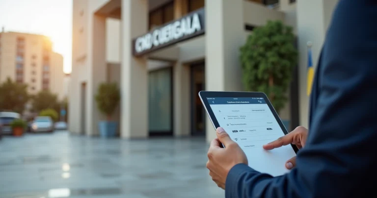 Advogado consultando certidão municipal digital em frente à fachada de prefeitura